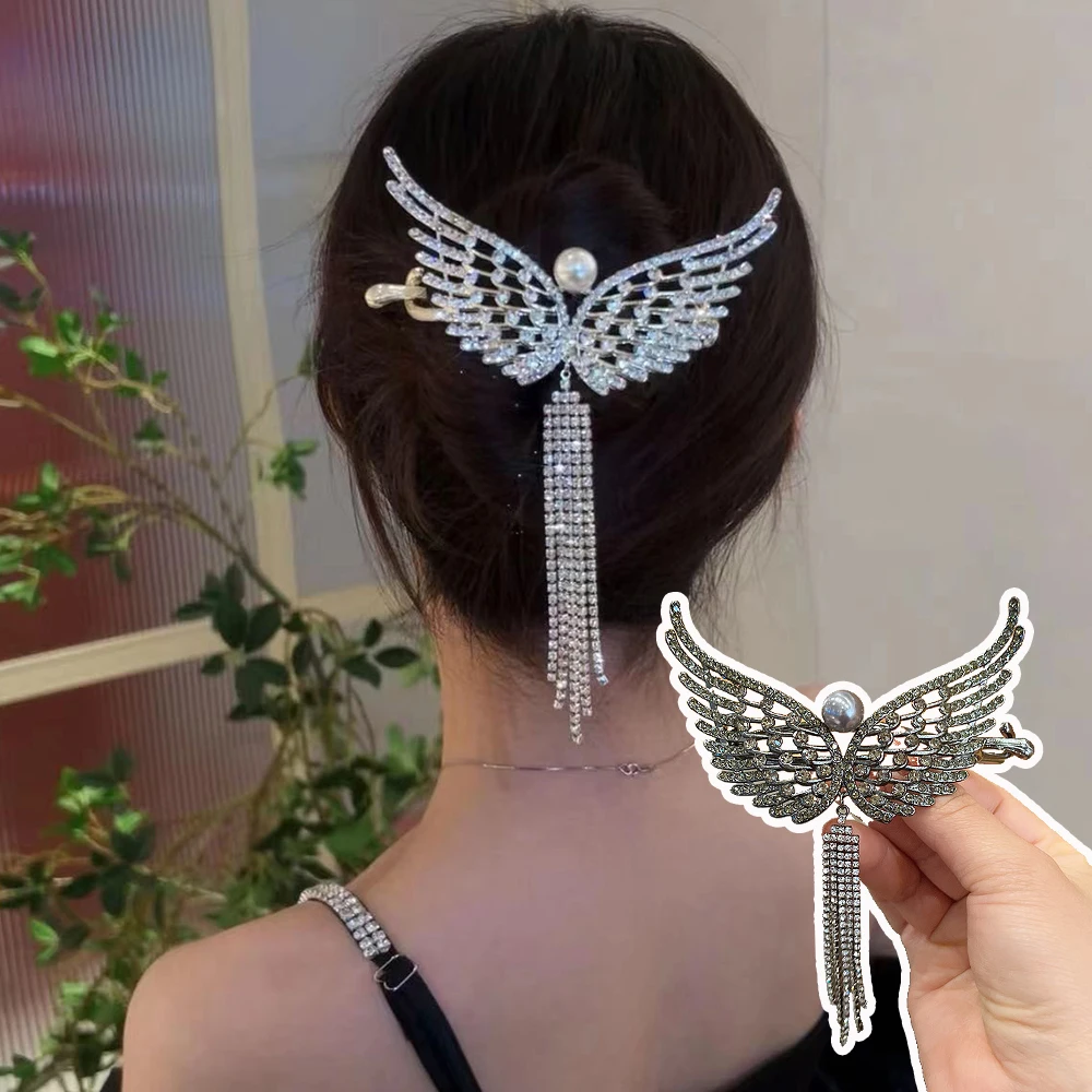 

New Angel Wing tassel twisted straight clip coiled hair hairpin Korean style hairclip Super shiny and fashionable hair accessory