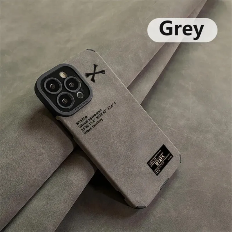 Japan Cute Skeletons Suede Leather Case for iPhone WTAPS Labels Lens Protect Cover 16 15 13 12 11 14 Pro Max XS XR 7 8 Plus SE