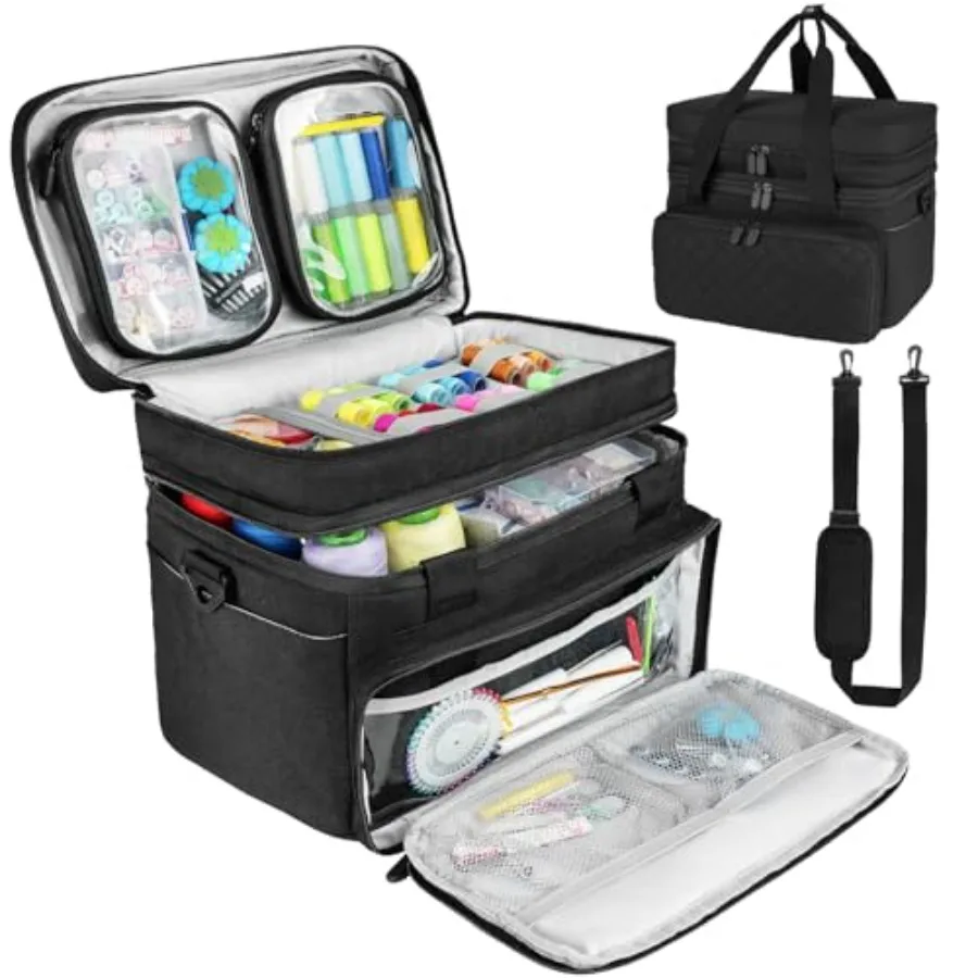 

Sewing Accessories Organizer Case with Shoulder StrapDouble Layer Sewing Storage Bag with 2 Detachable Pouches for Sewing Acces