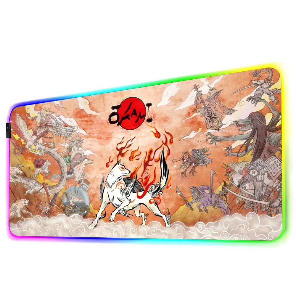 Okami HD Mouse Pad Gamer Rgb Desk Mat Back Light Led Mousepad Setup Gaming Accessories Deskmat Big Mousepad Backlight