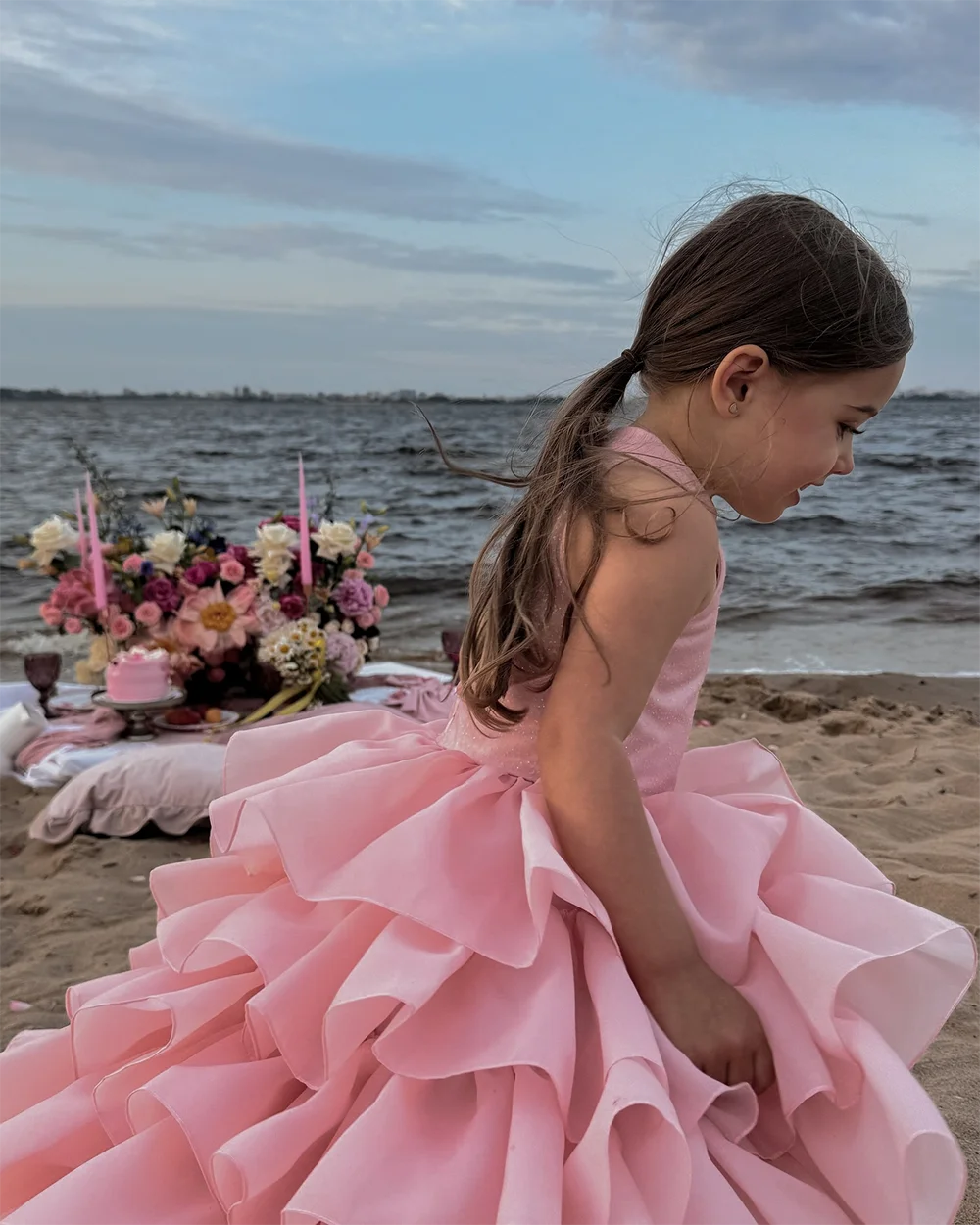 Princesa vestido da menina de flor para o casamento luz rosa em camadas babados sem mangas criança primeiro vestido eucarístico festa aniversário