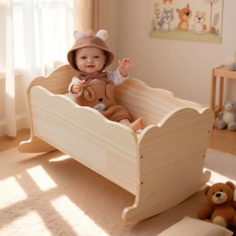 

3 Pcs Baby Doll Crib Set for Dolls up to 16 Inch Wooden Baby Doll Accessories Babydoll Bed Dolls Cradle with Bedding Set for Pr