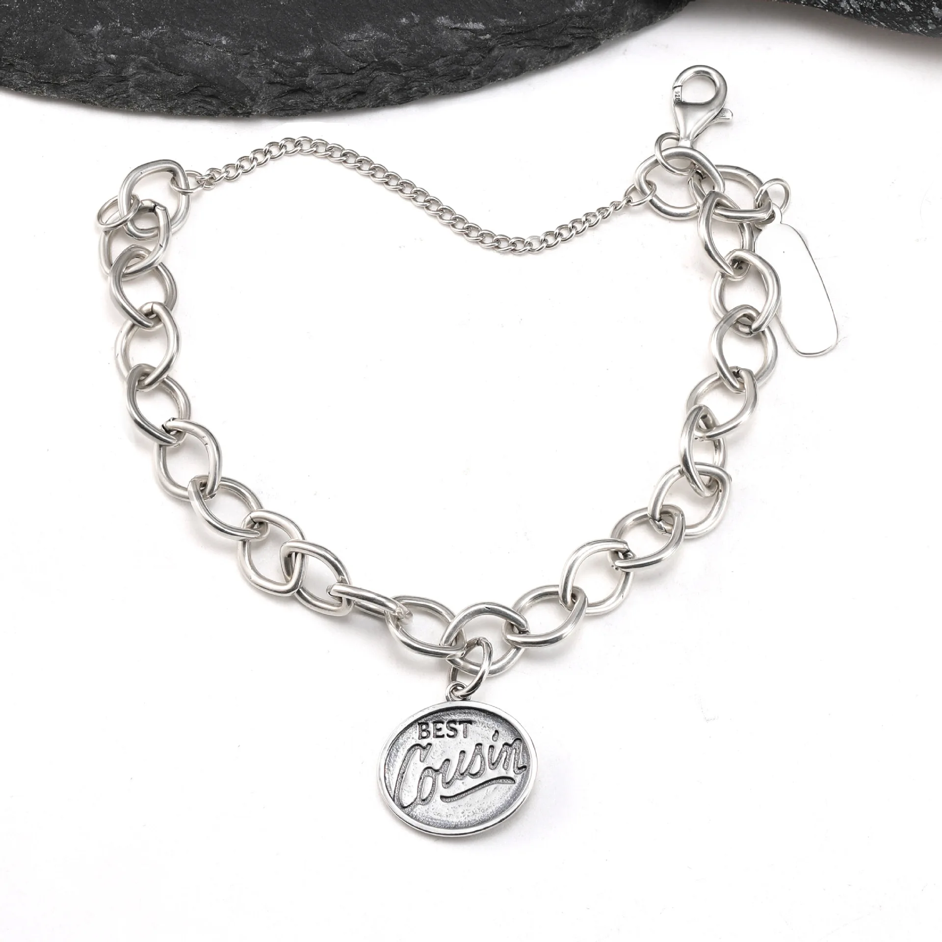 S925 Silver Vintage Oxidized Bracelet Hollow Star Heart Link Two‑Tone Circle Best Cousin Pendant Jewelry Gift