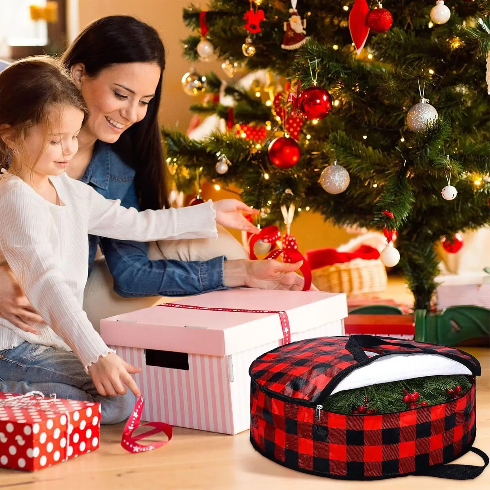 Wreath Storage Bag 2 Pieces Plaid Protector Zippered Wreath Bag With Handle For Christmas Holiday Home Basement Garage Closet
