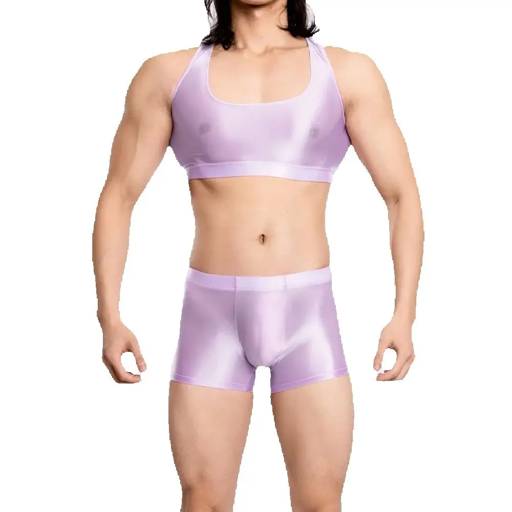 

Mens M-XXL Glossy Shiny Elastic Gym Fitness Outfit Sleeveless Tank Top Tanktop Convex Pouch Boxers Swim Trunks High Elasticity