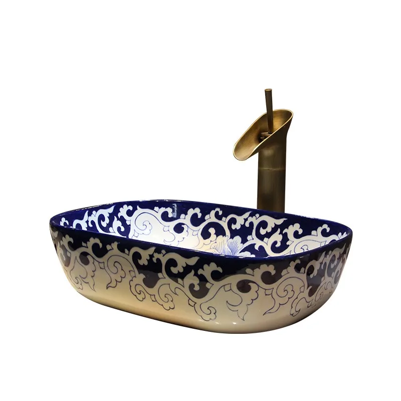 

wash basin, hand-painted blue and white porcelain small apartment, antique retro oval washbasin, new Chinese ceramic washbasin