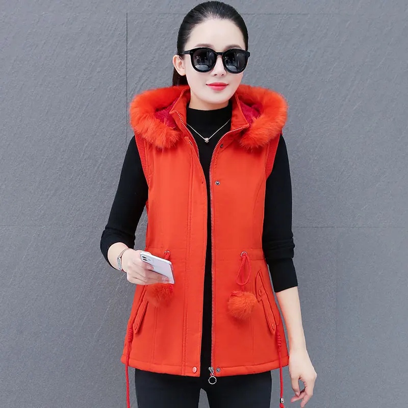 Nuevo Otoño Invierno mujer suelta Casual Cuello de piel con capucha Slim Fit adelgazante abrigo moda cintura Cinching versátil grueso chaleco cálido