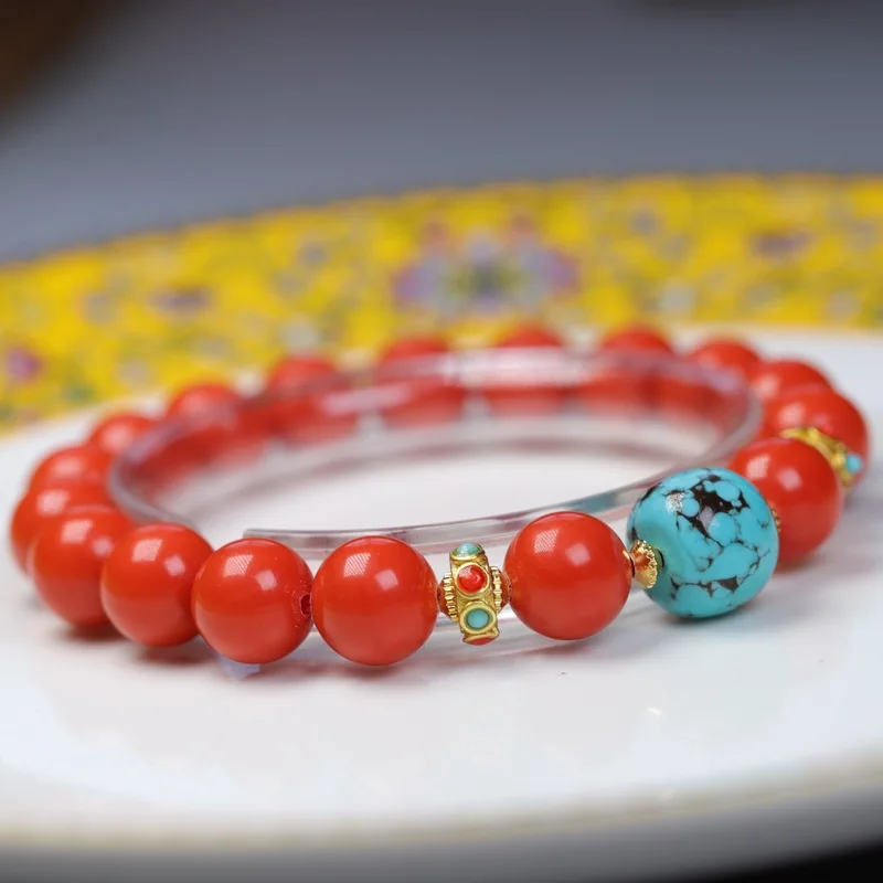 Ethnic- jewelry , Tibetan style for men and women, imitation Momo sea bamboo powder pressed round bead bracelet wit