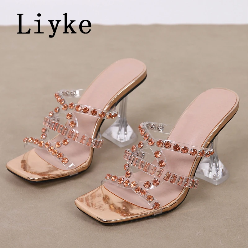 Liyke Summer PVC Transparent Slippers For Women Gold Silver Crystal Square Toe Clear High Heels Female Shoes Sandals Rozmiar 34-46