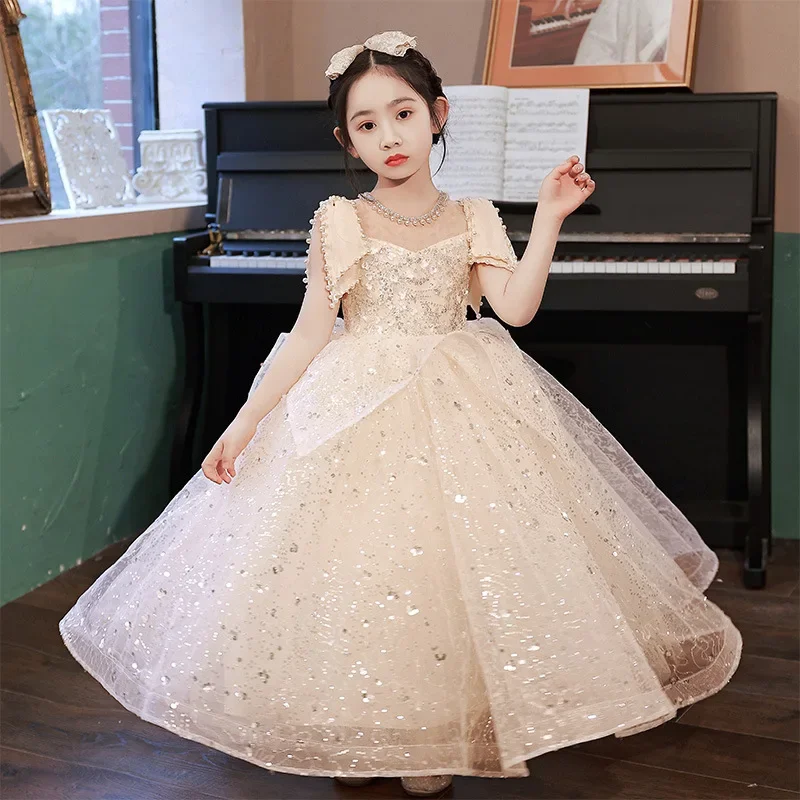 Customized Fashion Baby Flower Girl Dresses Tulle With Pearls Children Prom Birthday Party Show Gowns