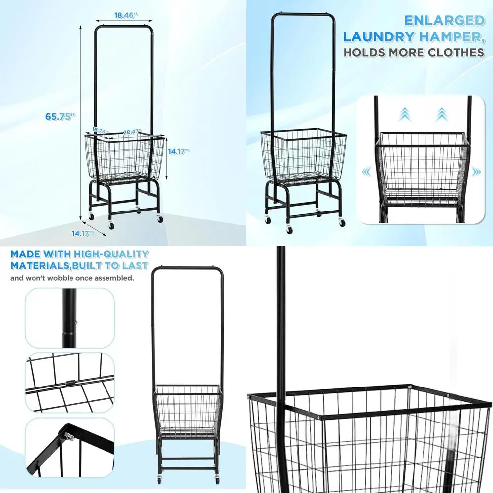 

Black Rolling Laundry Cart with Clothes Rack and Large Basket