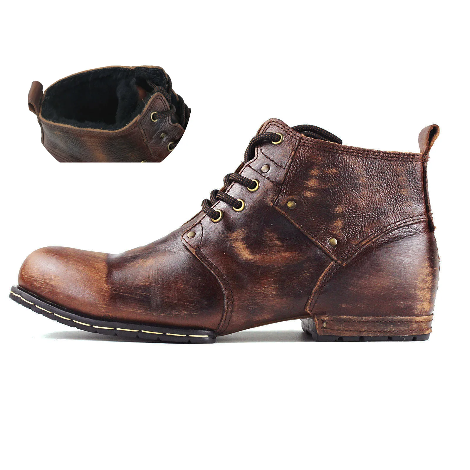 Genuine Leather Men's Ankle Boots Cowboy Chukka  Winter Boots Lace-up Motorcycle Warm Boots Mens 6015-2-Fleece Black