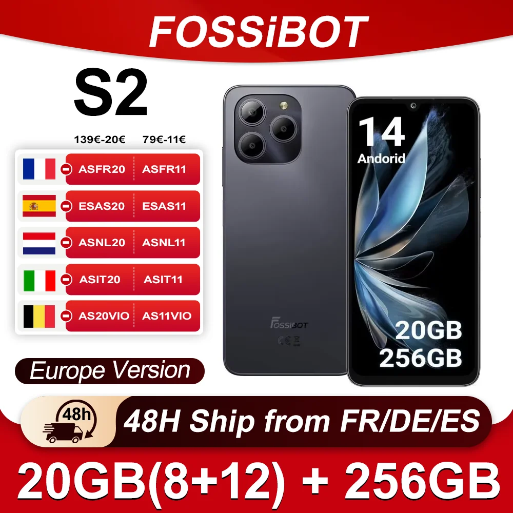 FOSSiBOT S2 4G Smartphone 20 Go (8 + 12) RAM 256 Go ROM 6,72" FHD +, caméra 50MP + 16MP, charge 5000 mAh 18 W, téléphone portable Android 14 NFC