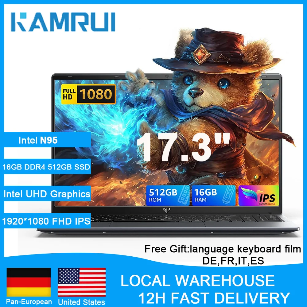 KAMRUI 17,3 inch laptop 16GB DDR4 512GB SSD N95 computer Max 3,4GHz Windows 11pro 1920*1080 60GHz WiFi5 6000MAH notebook