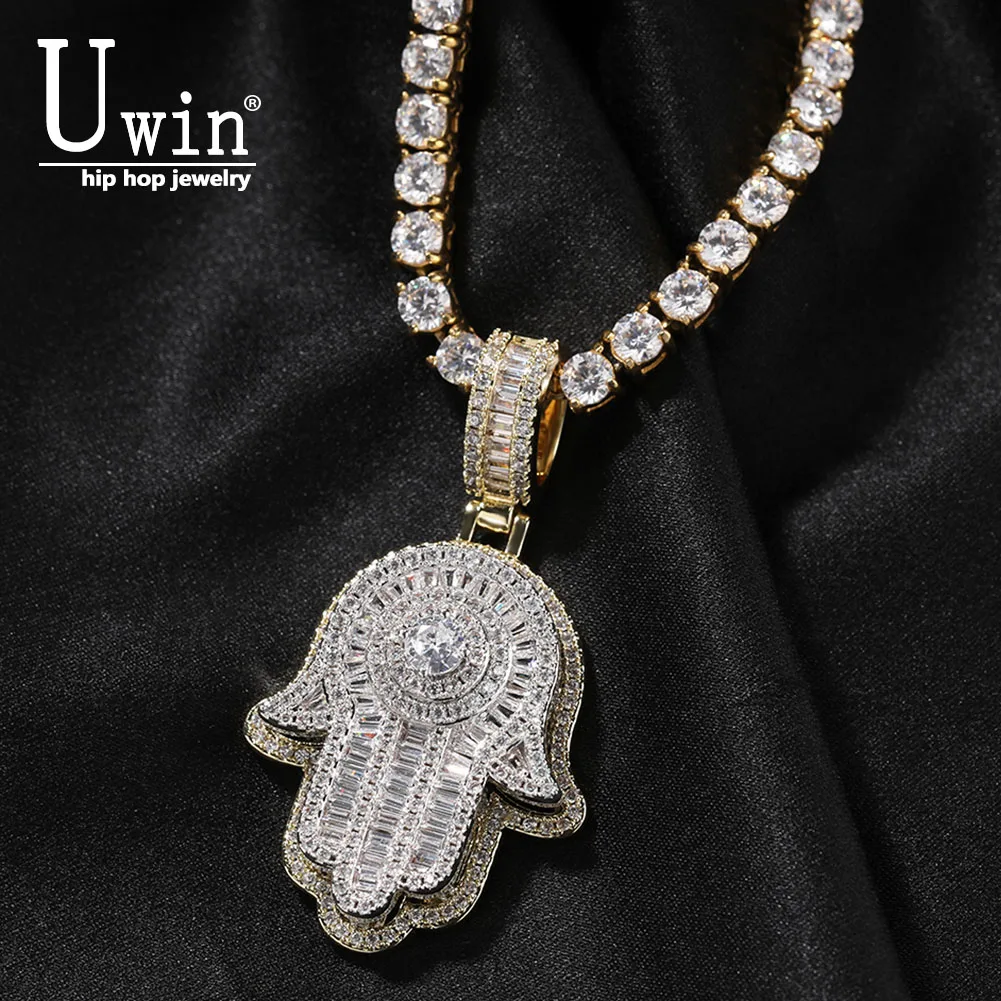 Uwin Double Hand of Fatima Pendant Necklace Hip Hop Jewelry Iced Out Fashion Charm Gifts