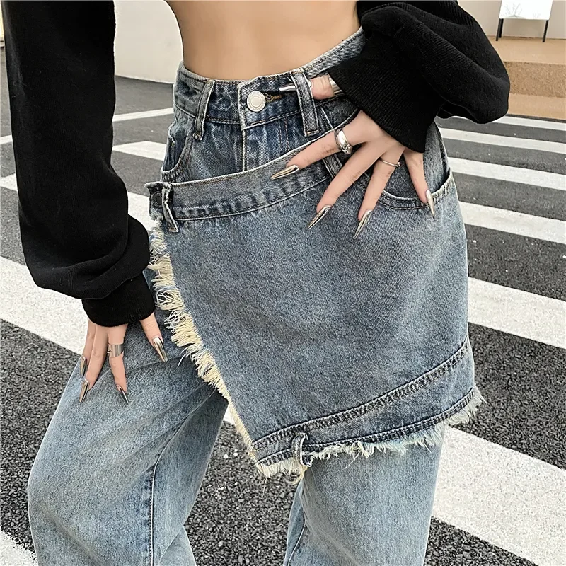Asymmetrical Fashionable Patchwork Trousers Spring Irregular Denim Pants Female Clothing Wide Leg Rough Selvage Straight Jeans