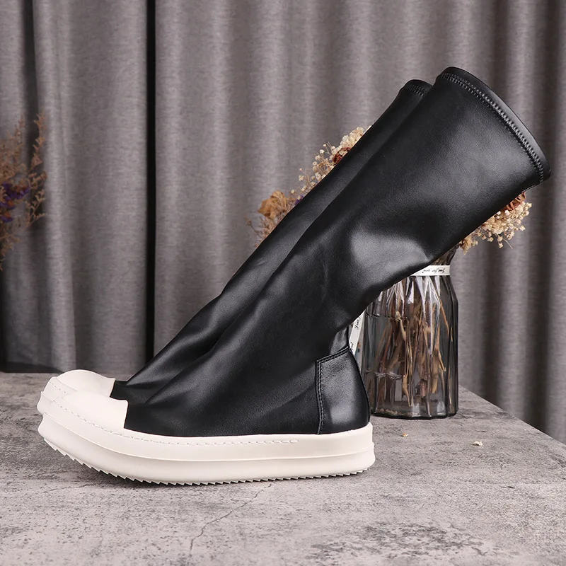 

Women Casual Knee High Boots PU Leather Luxury Trainers Men Sneaker High-TOP Autumn Flats Black Shoes
