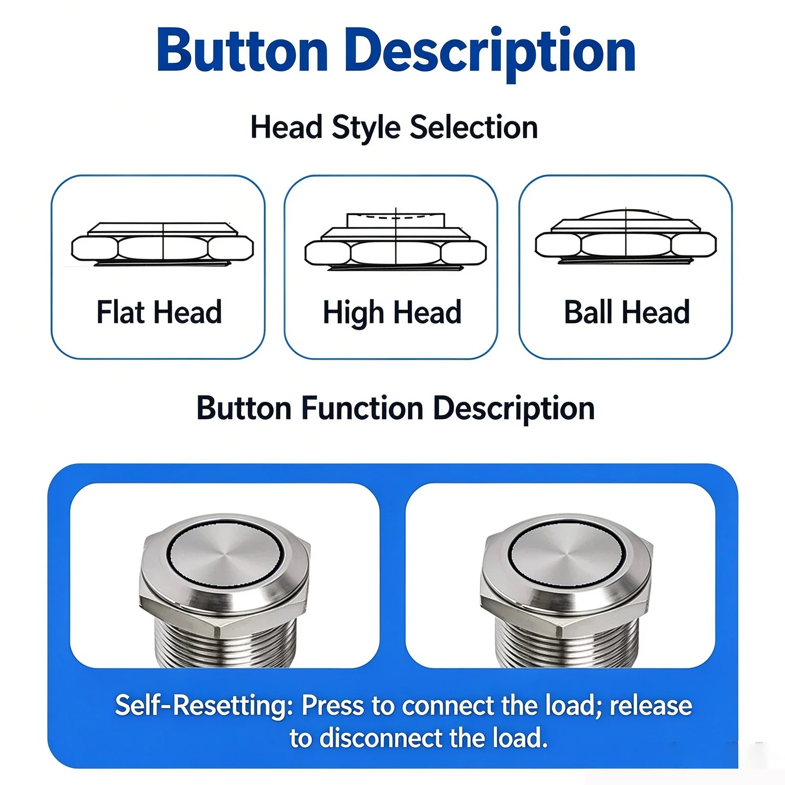 Metal Push Button Switch High Ball Head 12mm-22mm Hole Flat Momentary Locking Screw Pin NO NC for Car Doorbell Power Panel