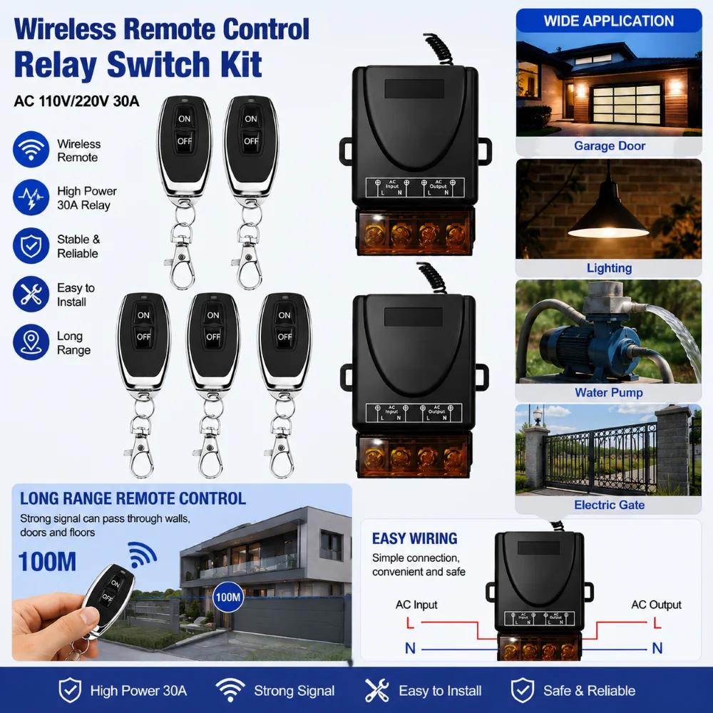 433MHz AC 110V 220V Wireless Remote Control Light Switch 30A Mini RF Relay Module 100 Meters Transmitter For Led Lamp Fan ON/OFF