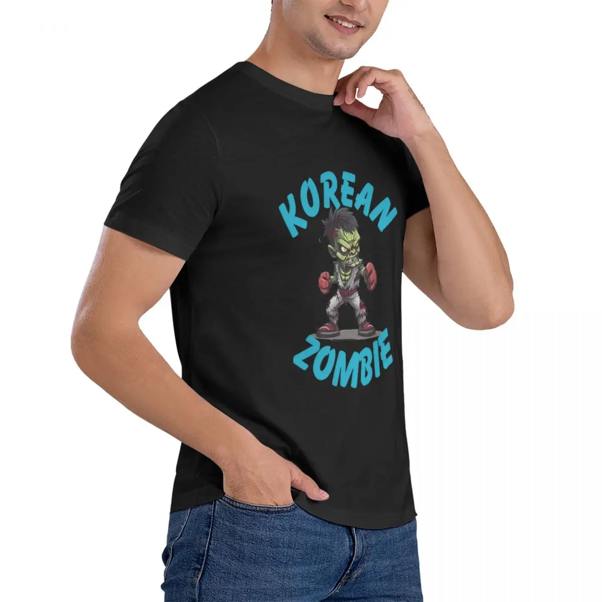 Rad kaus katun murni pria, T-Shirt lucu Zombie Korea lengan pendek leher bulat pakaian klasik