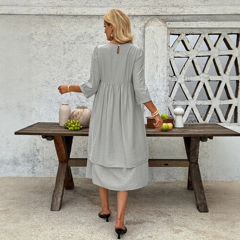 Férias lazer simples vento em torno do pescoço em camadas manga de cinco pontos solto vestido de cor sólida
