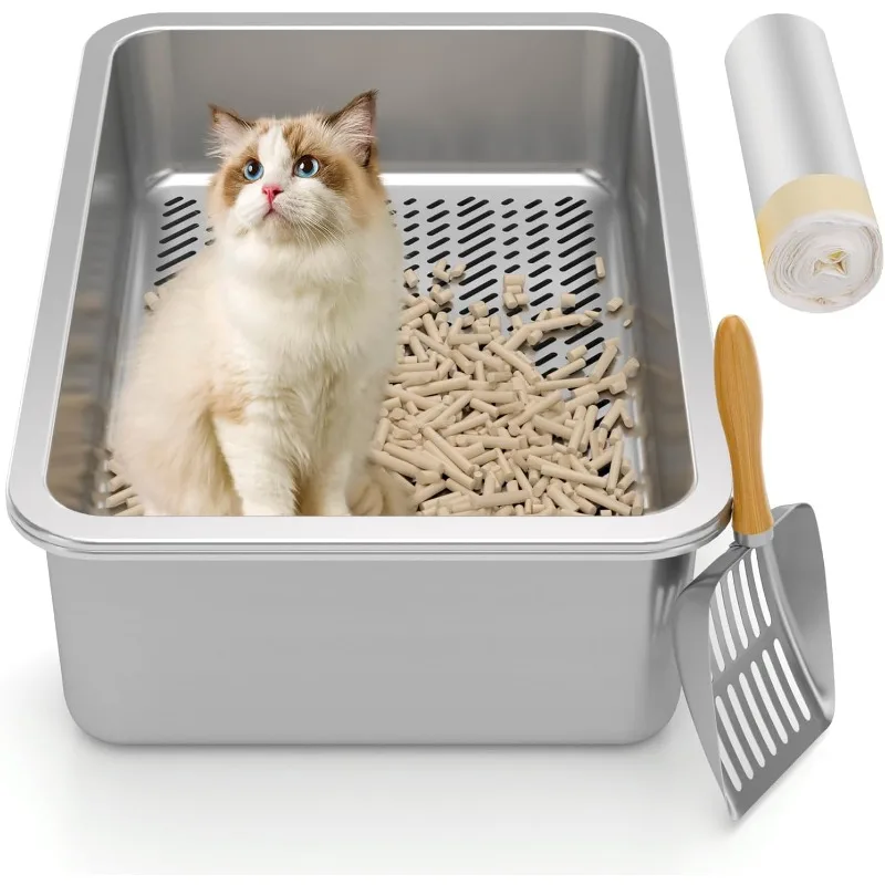 

Stainless Steel Sifting Litter Box,Sifting Cat Litter Box for Wood Pine Pellets,Medium Sifter Litter Pan System for Little