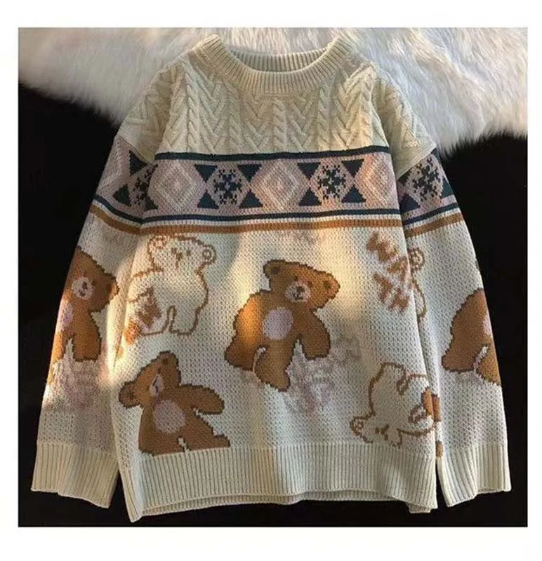 Japanese Vintage Cartoon Bear Crewneck Sweater For Men And Women Couple In Autumn And Winter Lazy Style Twist Knitwear Autumn An