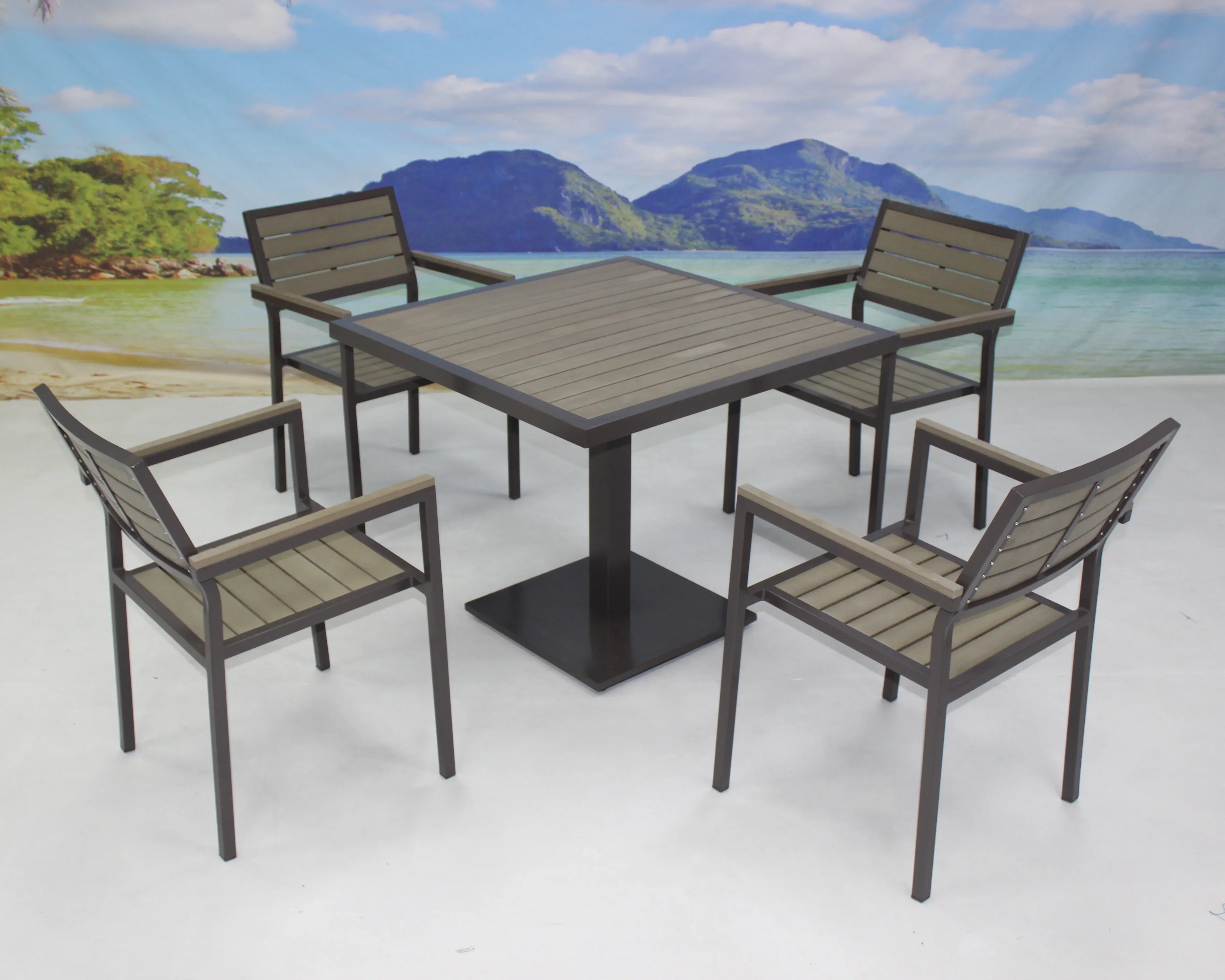 Hot Selling Outdoor Restaurant Faux Wood Furniture 4 Seater Patio Dining Table Stackable Chair Set