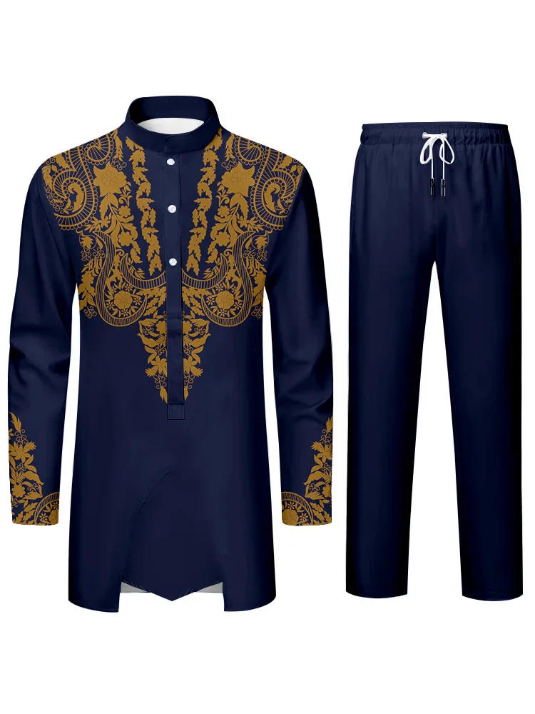 Arabian Traditional Clothing Men's Suits Personalized Fashion 3D Printing Printed Collar Long-sleeved Shirt And Pants Two-piece