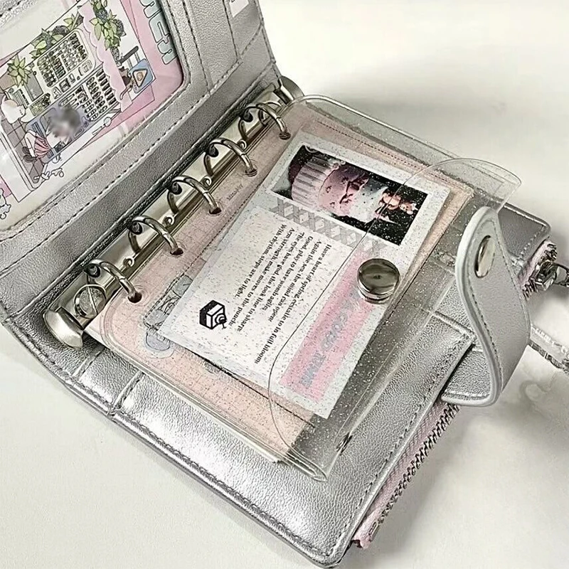 

Kpop Idol Photo Album Silver Soft Leather Notebook Student Binder M5 Notepad Girl Portable Card Holder Niche Design Hand Account