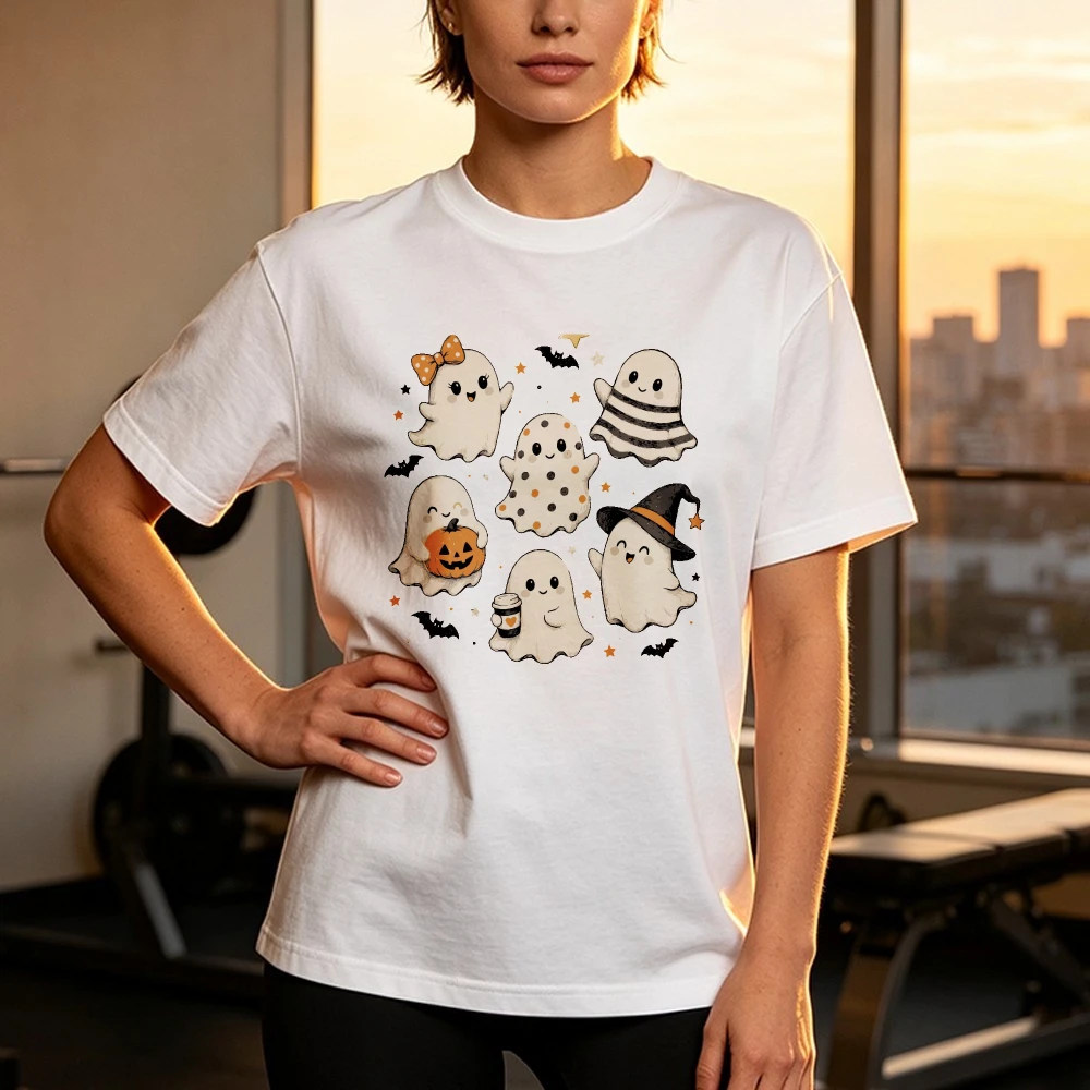Spooky Season Halloween Shirt Autumn Ghost Shirt Fall Graphic Tee Goth Streetwear Bow Witch Hat Pumpkin Tops Unisex Cotton Tee