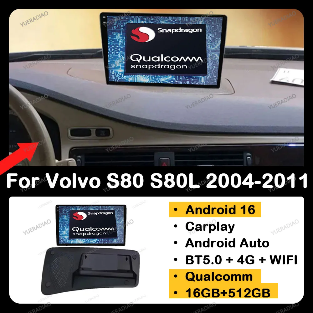 Radio para Auto Android 16 para VOLVO S80 S80L V70 2004 2005 2006 2007 2008 2009 2010 2011, Sistema Multimedia Estéreo, Qualcomm 5G WIFI 4G LTE BT