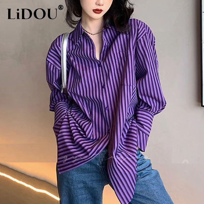 Spring Autumn Polo-neck Striped Printing Elegant Fashion Blouse Female Long Sleeve Harajuku Y2K All-match Loose Shirt Top Women