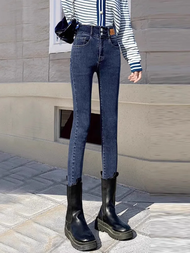 High Waist Slim Fit Bootcut Jeans Women's Winter New Style Fleece Lined Pencil Pants Tummy Control Butt Enhancing Jeans