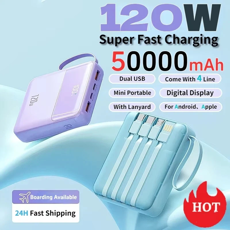 حزمة طاقة Mini Powerbank بقدرة 50000 مللي أمبير في الساعة بقدرة 120 وات مع أربعة كابلات بيانات للشحن السريع للغاية مناسبة لهواتف iPhone وSamsung Huawei #1