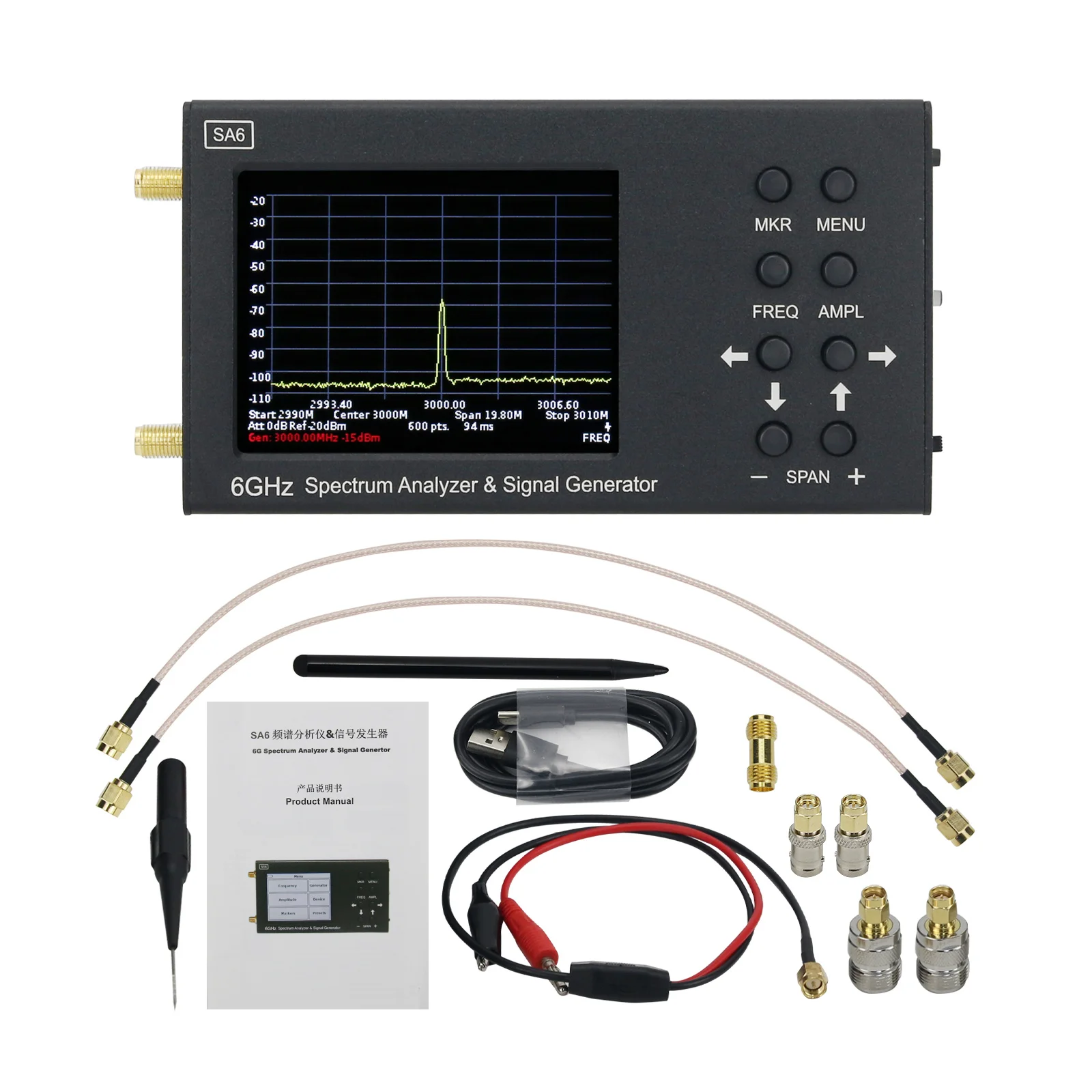 

SA6 6GHz Handheld Portable Spectrum Analyzer Signal Generator WiFi 2G 4G LTE CDMA GSM GPRS BDS with N/SMA-KJ&（With touch screen）