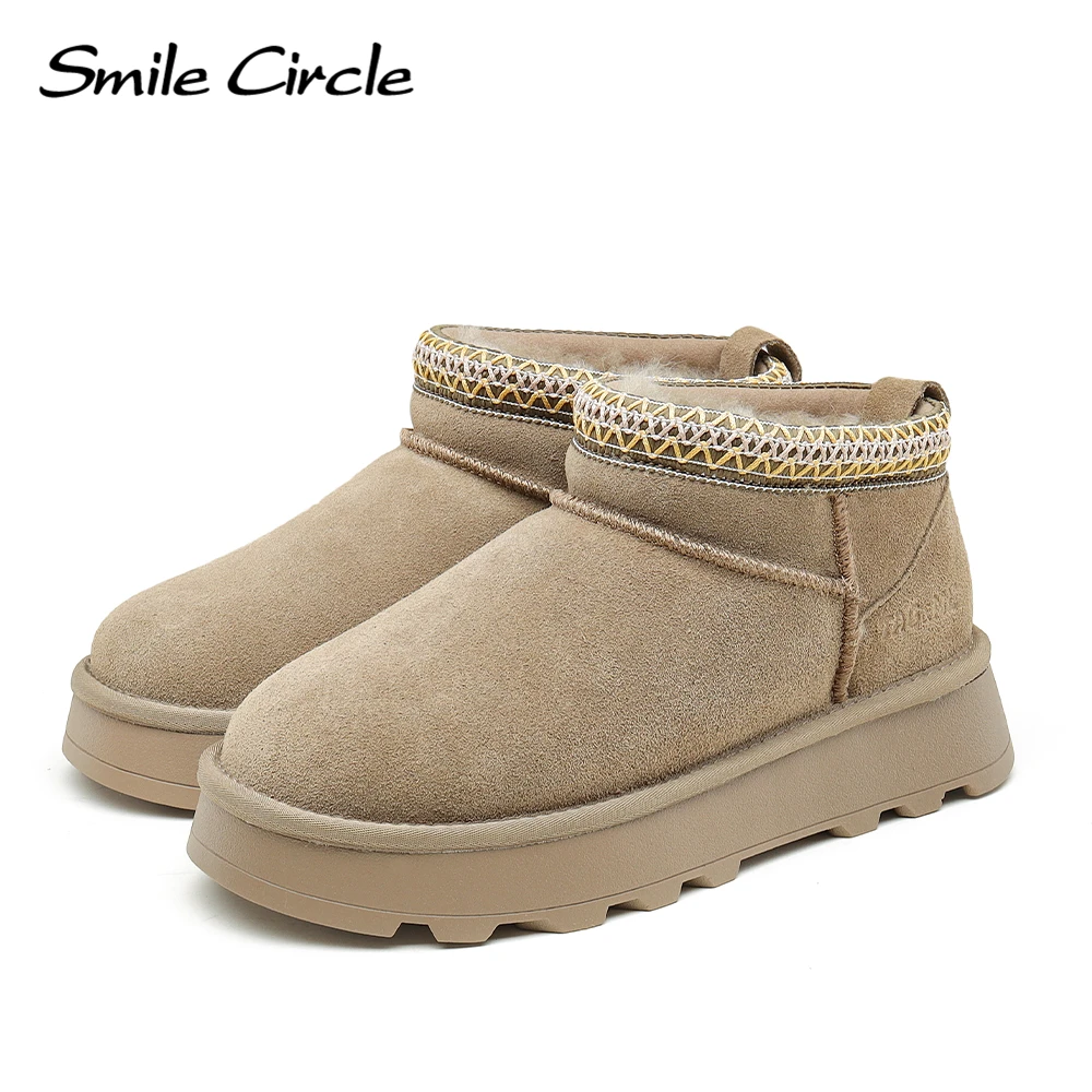 Smile Circle Tasman Mini Snow Boots Women Cow Suede Leather Warm Natural Wool Round Toe Winter Ankle Boots