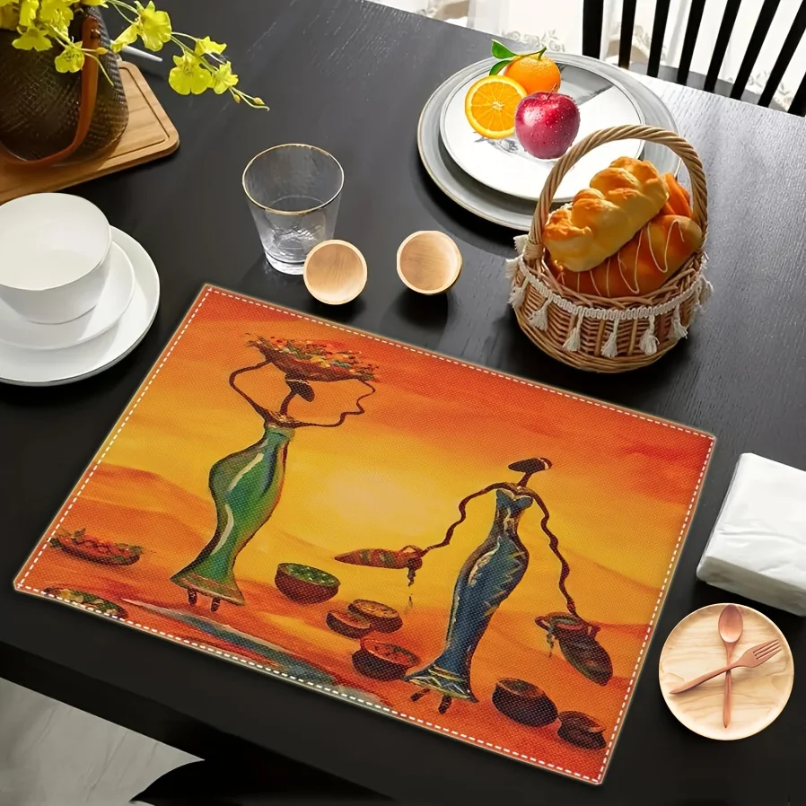 2pcs Beautiful African Woman Placemats - Set of 2 Linen Table Mats for Kitchen and Dining Table Decor