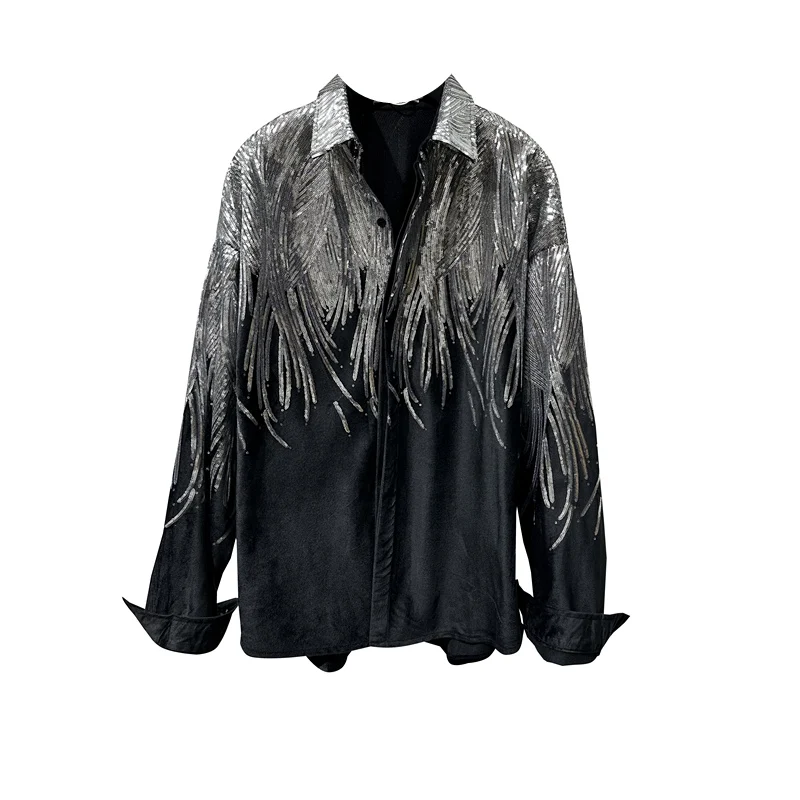 Sequined Wings Shirt Men's Fashion Dark Series Model Style Stage Loose-Fitting Velvet High-Grade Top