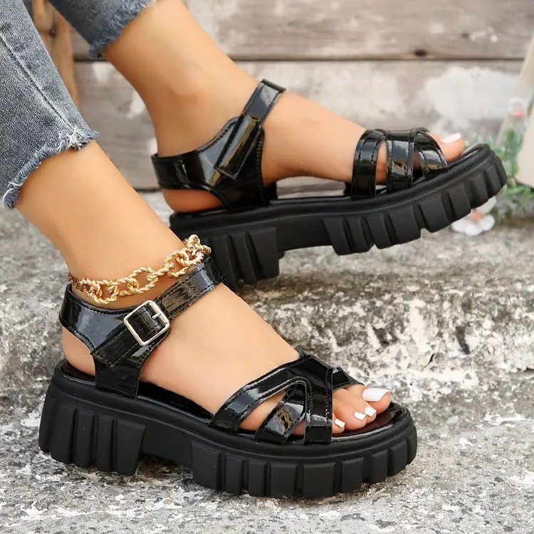 2023 High Heels Gladiator Sandals Woman Open Head Sexy Block Heel Platform Shoes Summer Buckle Size 35-43 Women Sandals