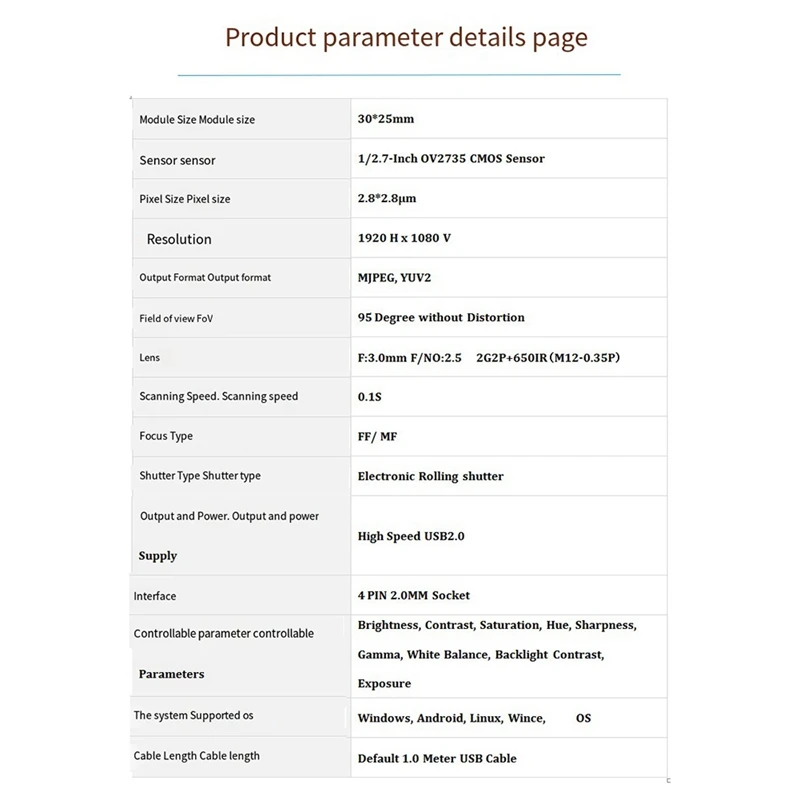 B30C-2MP HD 1080P OV2735 Módulo de cámara USB FF 95 °   MJPEG, controlador YUY2 Plug-N-Play gratuito para Windows Android Linux Mac OSX