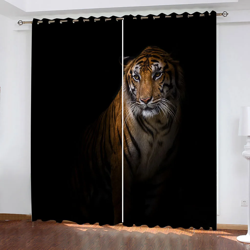 HUANZHUANG Curtains For Window Animal Tiger Black Background 3D Modern 2 Pieces Fashion Thin Window Curtain For Living