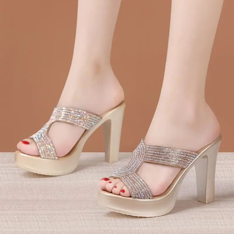 Small Size 32-43 Gold Rhinestone Wedding Shoes Women\'s Platform Slippers Summer 2024 Block High Heels Slides Office Model Party