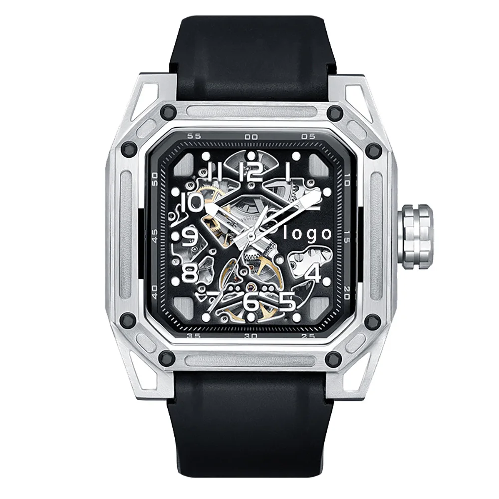 

Skeleton Design Automatic Mechanical Square Casual Wristwatch Waterproof Sapphire Crystal Silicone Leather Strap Men Watch
