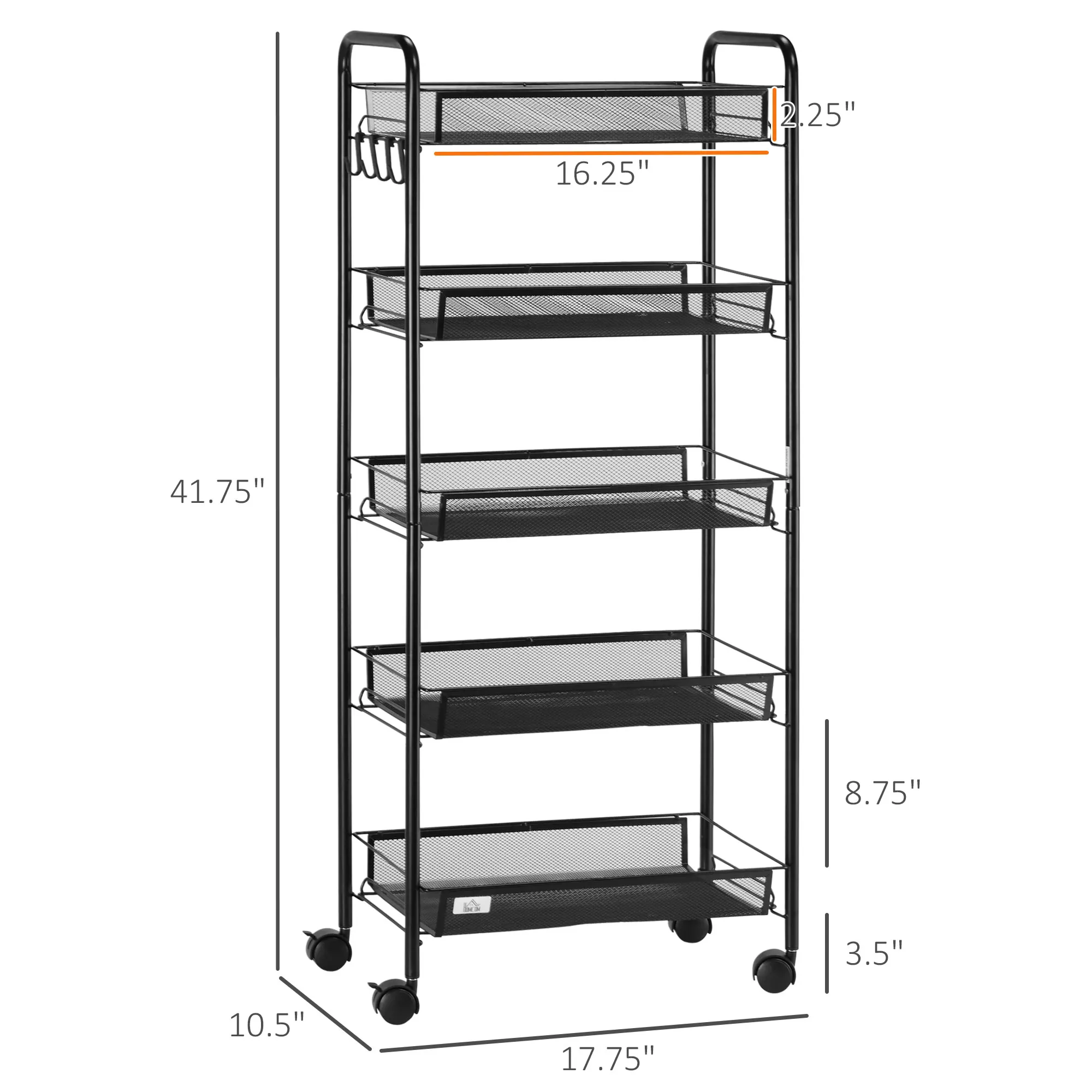 Compact 5-Tier Utility Cart, Serving Trolley with Removable Mesh Baskets, Black