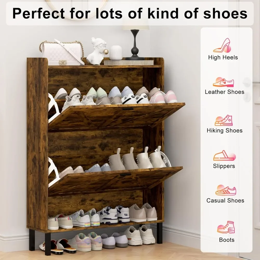 Shoe Cabinet Storage for Entryway, Shoe Organizer with 2 Flip Drawers, Farmhouse Wooden Hidden Freestanding Shoe Cabinet