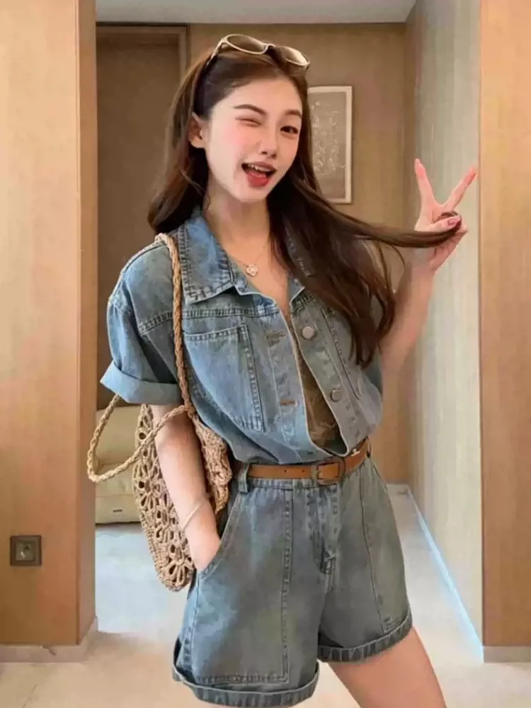 Retro T-shirt Cowboy Bodysuit Summer Jumpsuit Set Women Button Rompers Button Jeans Shorts Dress Blue Festival Outfit Romper