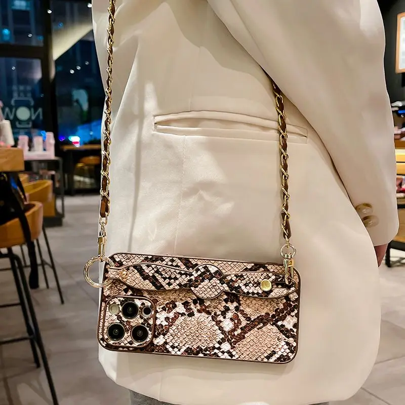Luxury Snake Skin Pattern All Inclusive Wristband Phone Case with Hanging Chain for iPhone 15 ProMax 14 Plus 13 12 11 XSMax XR X image 2