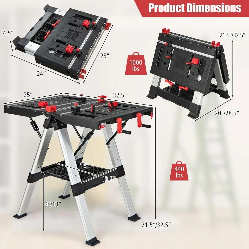 Portable Workbench, Folding Work Table & Sawhorse with Adjustable Height, 440LBS/1000LBS Capacity, Clamps, 2 x 4 Support Arms