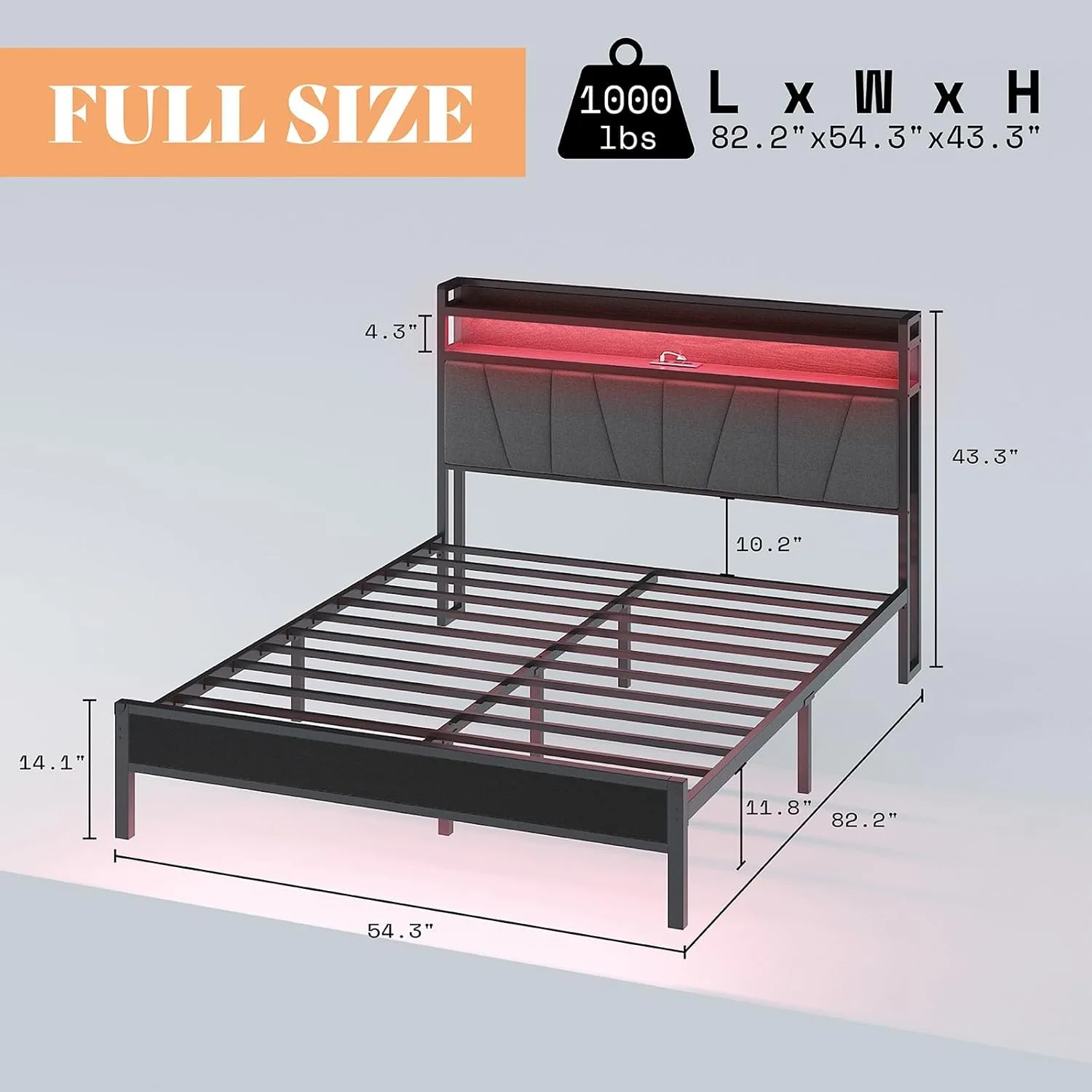 Full Size Bed Frame with RGB Lights & Charging Station, LED Bed Frame with Storage Headboard Upholstered, Heavy Duty Metal Slats